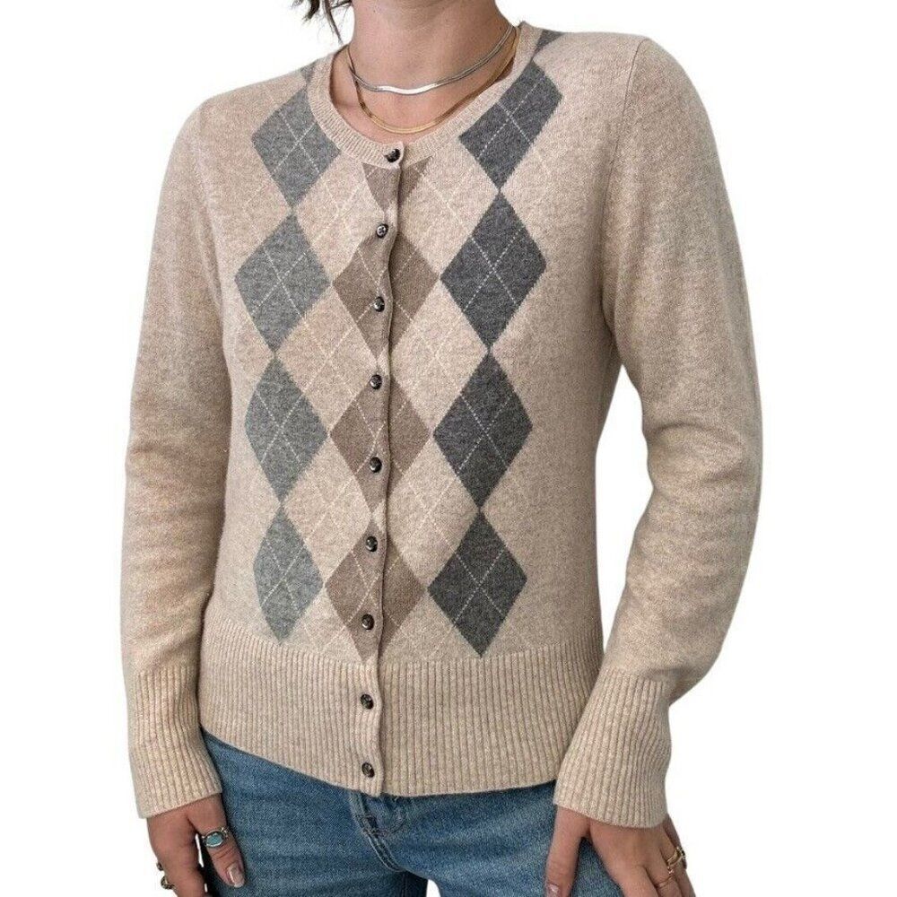 NWOT Apt 9 Womens Beige 100% Pure cashmere Preppy Argyle Cardigan sz L - Picture 7 of 7